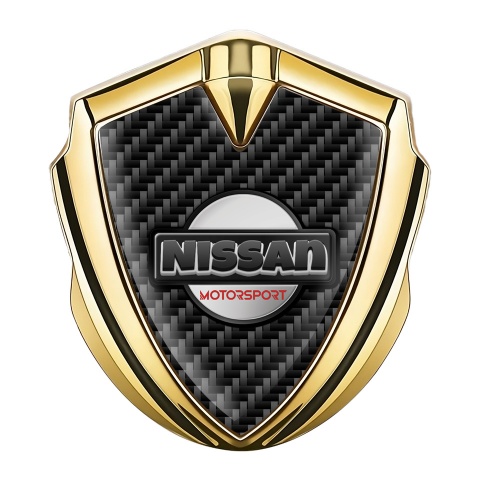 Nissan Selbstklebendes Metallaufkleber Emblem Goldtonfarbe Schwarz Carbon mit motorsport Logo Motiv