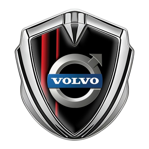 Volvo Emblem Abzeichen Silbertonfarbe Schwarz Basis mit Rote Linien Design