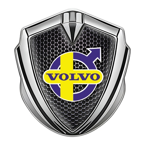 Volvo Abzeichen selbstklebend Silbertonfarbe Perforierter Stahl mit Gelb Lila logo