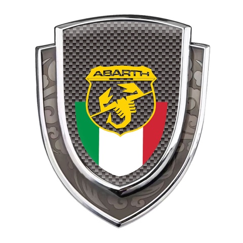 Fiat Abarth Emblem Abzeichen Silbertonfarbe mit Braun Carbon und Italienische Flagge Motiv