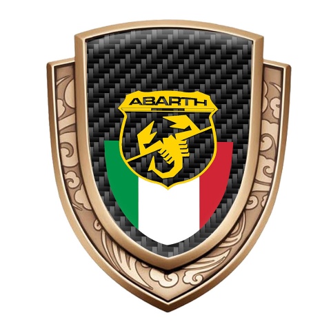 Fiat Abarth Selbstklebendes Metallaufkleber Emblem Goldtonfarbe Schwarz Carbon mit Italienische Flagge Logo