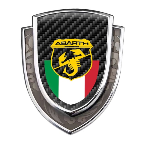 Fiat Abarth Selbstklebendes Metallaufkleber Emblem Silbertonfarbe Schwarz Carbon mit Italienische Flagge Logo