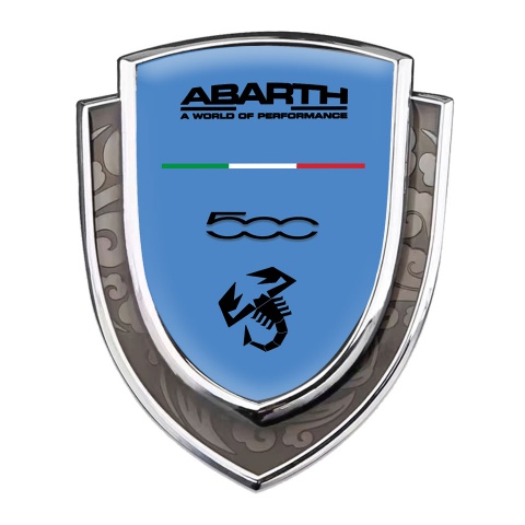 Fiat Abarth 500 Emblem Logo Schriftzug Aufkleber Silbertonfarbe Blau Hintergrund mit Schwarz Logo stil
