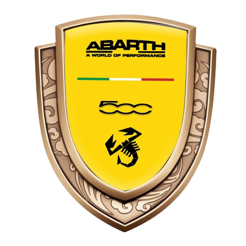 Fiat Abarth 500 Emblem Abzeichen Goldtonfarbe Gelb Hintergrund mit Schwarz Logo Design