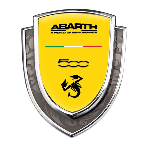 Fiat Abarth 500 Emblem Abzeichen Silbertonfarbe Gelb Hintergrund mit Schwarz Logo Design