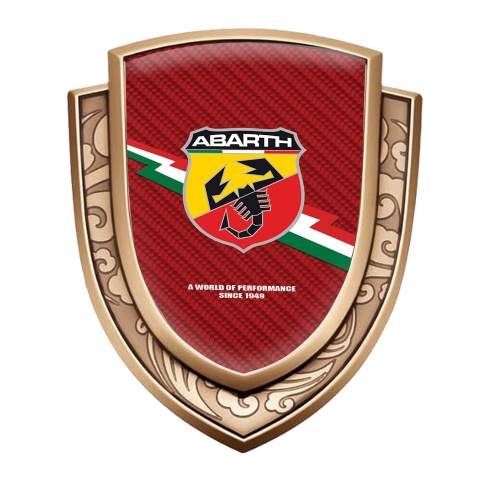 Fiat Abarth Selbstklebendes Metallaufkleber Emblem Goldtonfarbe Rote Carbon mit Blitz Logo