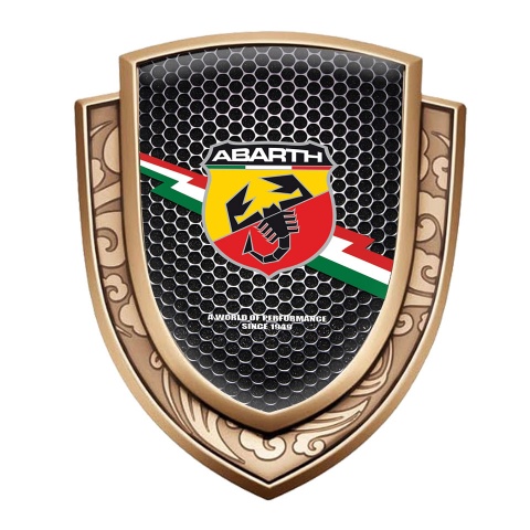 Fiat Abarth Abzeichen selbstklebend Goldtonfarbe Perforierter Stahl Effekt mit Blitz Logo Stil