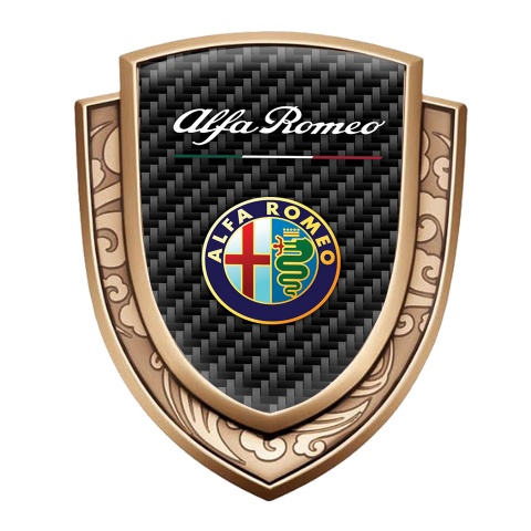 Alfa Romeo Emblem Abzeichen Goldtonfarbe Schwarz Carbon mit Buntes Logo Stil