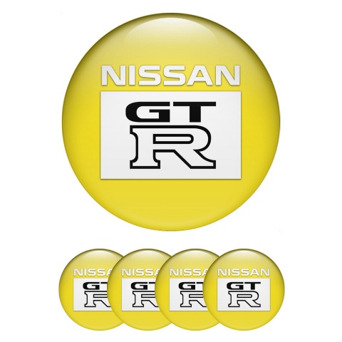 Nissan GTR Wheel Stickers for Center Caps Yellow Fill White Rectangle Logo