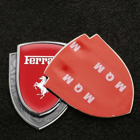 Ferrari Badge Self Adhesive Silver Crimson Background White Logo Design