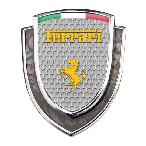 Ferrari Emblem Badge Self Adhesive Silver Honeycomb Yellow Logo Italian Flag