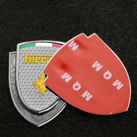 Ferrari Emblem Badge Self Adhesive Silver Honeycomb Yellow Logo Italian Flag