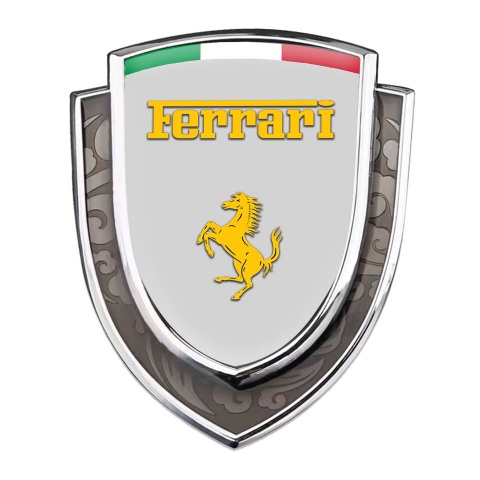 Ferrari Fender Emblem Badge Silver Grey Base Yellow Logo Italian Banner