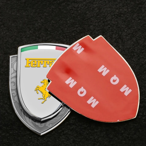 Ferrari Fender Emblem Badge Silver Grey Base Yellow Logo Italian Banner