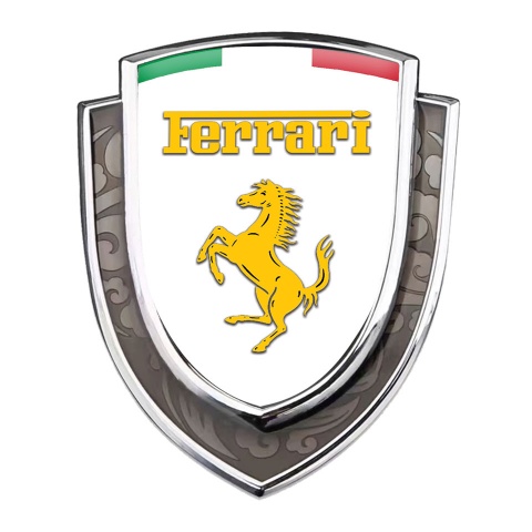 Ferrari Emblem Badge Silver White Background Yellow Logo Italian Flag