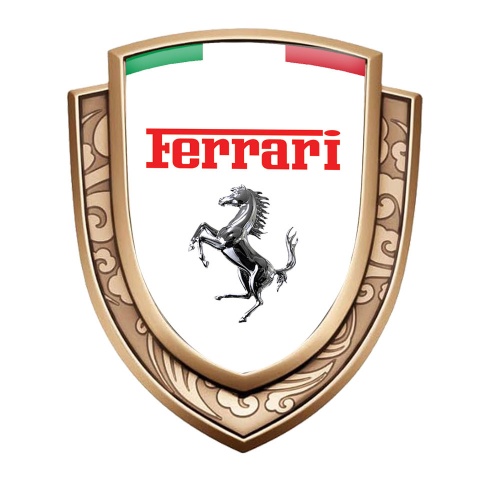 Ferrari Bodyside Domed Emblem Gold White Base Chrome Logo Italian Flag