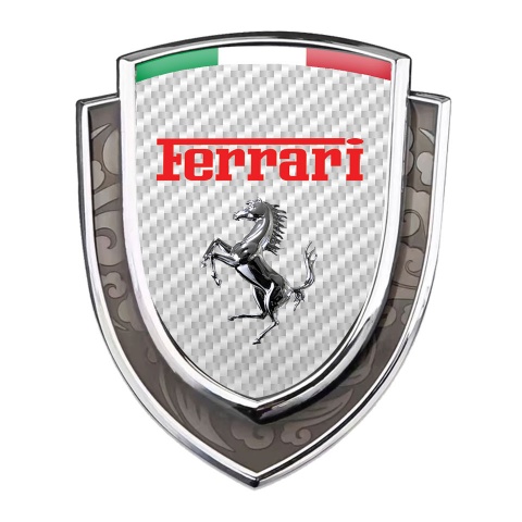 Ferrari Badge Self Adhesive Silver White Carbon Chrome Motif Italian Flag