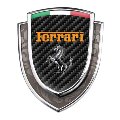 Ferrari Emblem Fender Badge Silver Black Carbon Chrome Logo Italian Edition