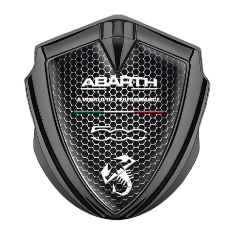 Fiat Abarth Emblem Abzeichen Graphit Tonfarbe Perforierter Stahl Basis mit Weiss logo Stil