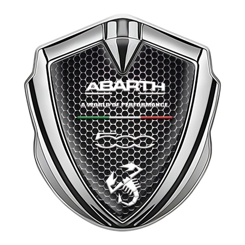 Fiat Abarth Emblem Abzeichen Silbertonfarbe Perforierter Stahl Basis mit Weiss logo Stil