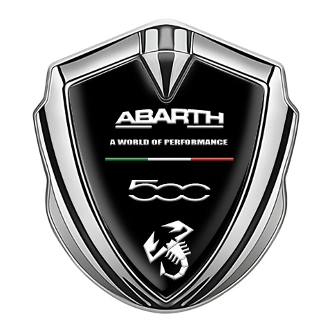 Fiat Abarth 500 Abzeichen selbstklebend Silbertonfarbe Schwarz Hintergrund mit Weiss Logo