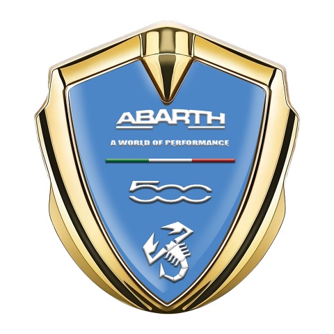 Fiat Abarth 500 Emblem Logo Schriftzug Aufkleber Goldtonfarbe Blau Basis mit Weiss Logo Stil