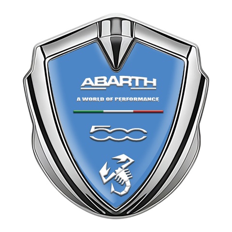 Fiat Abarth 500 Emblem Logo Schriftzug Aufkleber Silbertonfarbe Blau Basis mit Weiss Logo Stil
