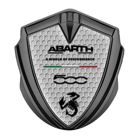 Fiat Abarth 500 Abzeichen selbstklebend Graphit Tonfarbe Wabeneffekt Hintergrund mit Schwarz Logo