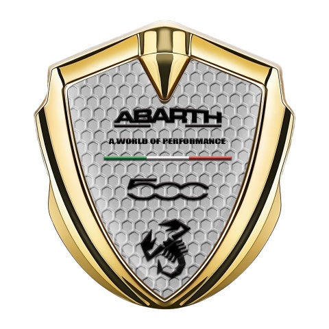 Fiat Abarth 500 Abzeichen selbstklebend Goldtonfarbe Wabeneffekt Hintergrund mit Schwarz Logo