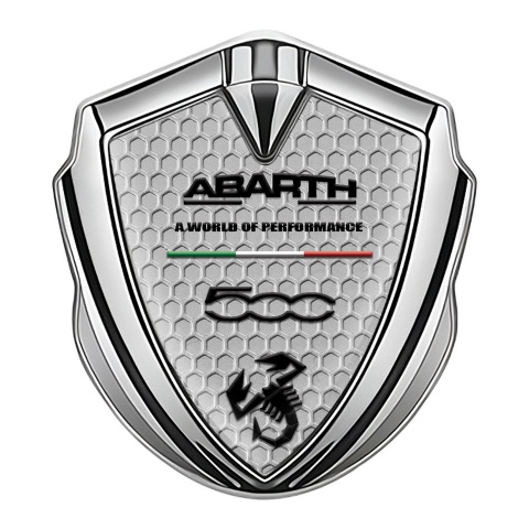 Fiat Abarth 500 Abzeichen selbstklebend Silbertonfarbe Wabeneffekt Hintergrund mit Schwarz Logo