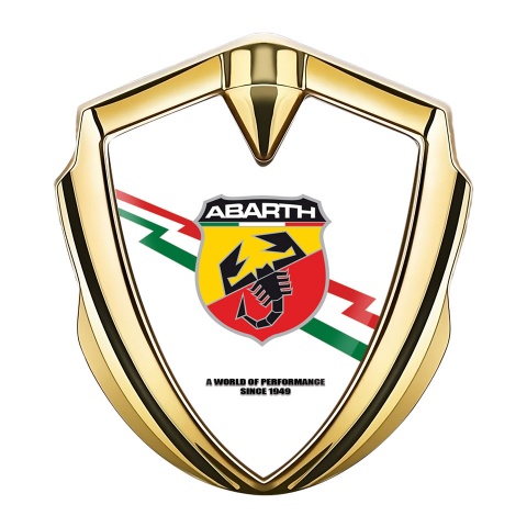 Fiat Abarth Emblem Abzeichen selbstklebend Goldtonfarbe Weiss Fundament mit Blitz Logo motiv