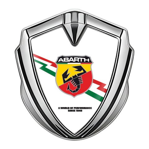 Fiat Abarth Emblem Abzeichen selbstklebend Silbertonfarbe Weiss Fundament mit Blitz Logo motiv