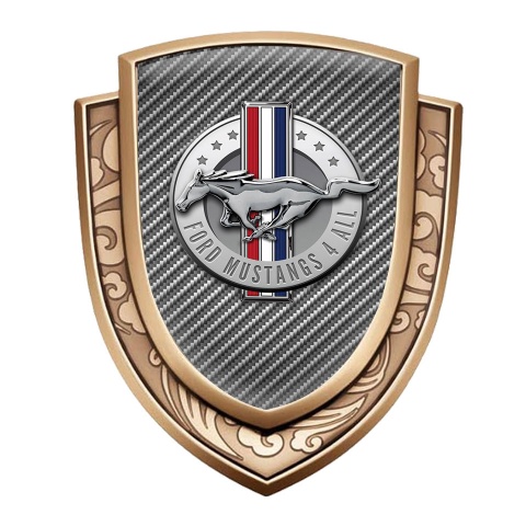 Ford Mustang Abzeichen selbstklebend Goldtonfarbe mit Kohlenstoff Hintergrund und Chrome Logo