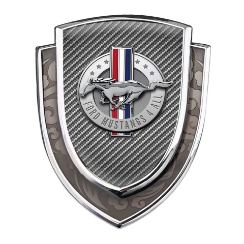 Ford Mustang Abzeichen selbstklebend Silbertonfarbe mit Kohlenstoff Hintergrund und Chrome Logo
