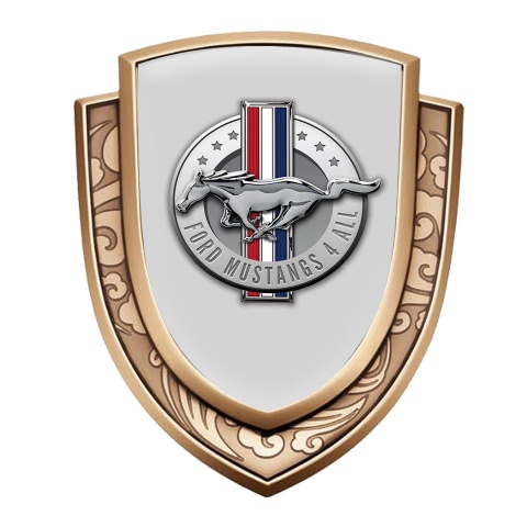 Ford Mustang Emblem Auto Zeichen Goldtonfarbe mit Grau Hintergrund und Chrome Logo Stil