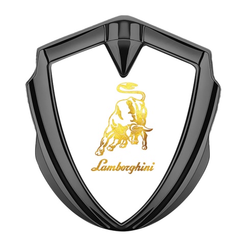 Lamborghini Abzeichen selbstklebend Graphit Tonfarbe mit Weiss Hintergrund und Gelb Logo Design
