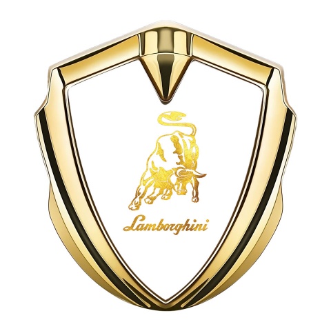 Lamborghini Abzeichen selbstklebend Goldtonfarbe mit Weiss Hintergrund und Gelb Logo Design