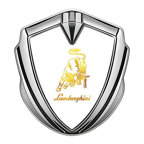 Lamborghini Abzeichen selbstklebend Silbertonfarbe mit Weiss Hintergrund und Gelb Logo Design