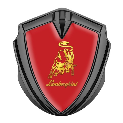 Lamborghini Emblem Abzeichen selbstklebend Graphit Tonfarbe mit Rote Hintergrund und Gold Logo