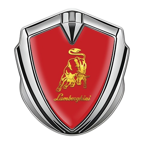 Lamborghini Emblem Abzeichen selbstklebend Silbertonfarbe mit Rote Hintergrund und Gold Logo