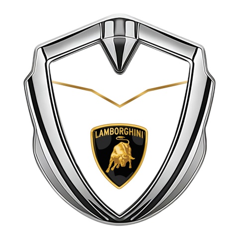 Lamborghini Abzeichen selbstklebend Silbertonfarbe mit Gold Weiss Basis und Logo Schild