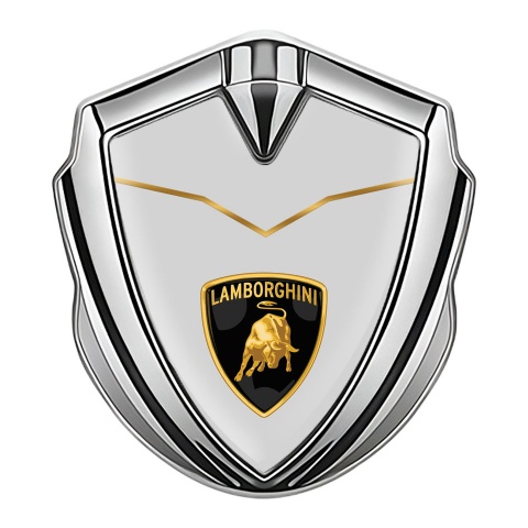 Lamborghini Emblem Logo Schriftzug Aufkleber Silbertonfarbe mit Grau Gold Basis und Logo Schild