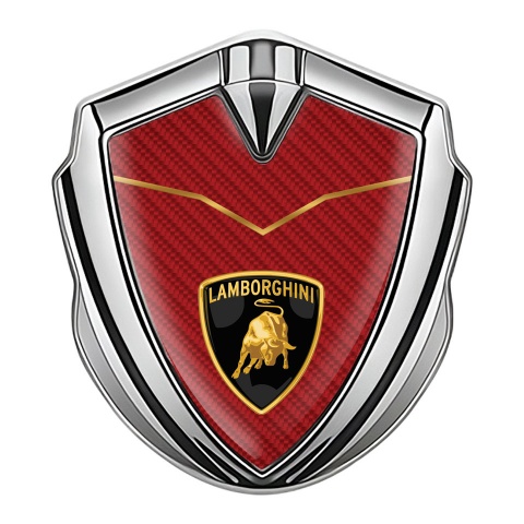 Lamborghini Emblem Abzeichen selbstklebend Silbertonfarbe Rote Carbon Version mit Logo Schild