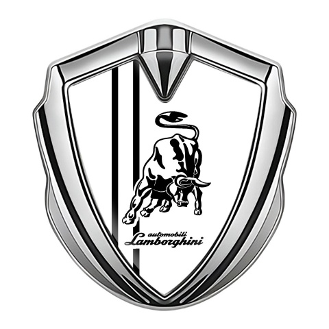 Lamborghini Emblem Logo Schriftzug Aufkleber Silbertonfarbe mit Weiss Basis und Schwarz Linien Design