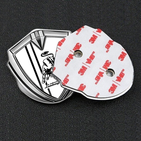Lamborghini Emblem Logo Schriftzug Aufkleber Silbertonfarbe mit Weiss Basis und Schwarz Linien Design