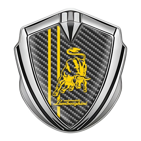 Lamborghini Emblem Abzeichen selbstklebend Silbertonfarbe mit Carbon Hintergrund und Gelb Logo