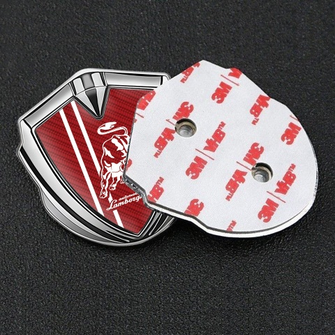 Lamborghini Selbstklebendes Metallaufkleber Emblem Silbertonfarbe mit Rote Carbon Weiss Logo Stil