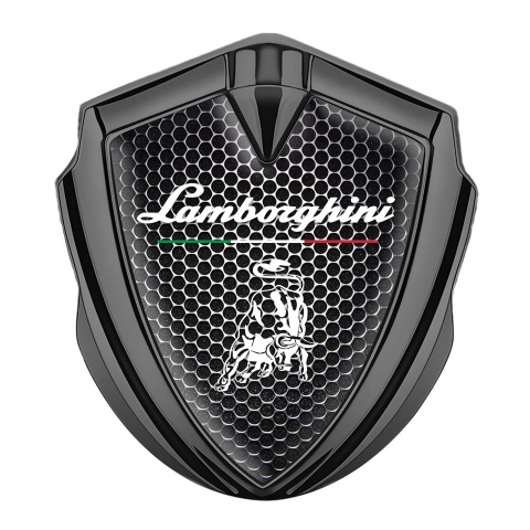 Lamborghini Emblem Abzeichen selbstklebend Graphit Tonfarbe mit Perforierter Stahl Design und Italienische Flagge Logo