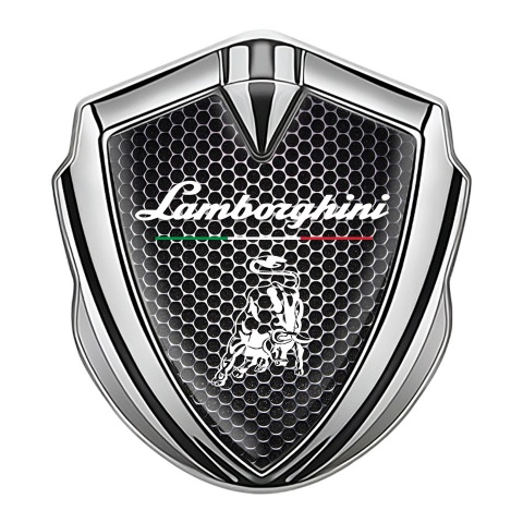 Lamborghini Emblem Abzeichen selbstklebend Silbertonfarbe mit Perforierter Stahl Design und Italienische Flagge Logo