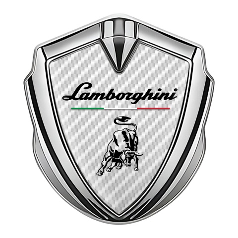 Lamborghini Selbstklebendes Metallaufkleber Emblem Silbertonfarbe mit Weiss Carbon und Italienische Flagge Logo Motiv